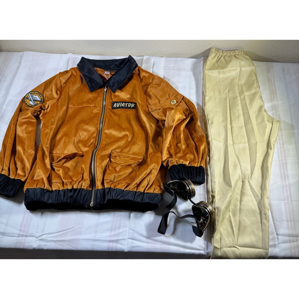 Nellibeauty Aviator Pilot Costume Set Jacket Pants Goggles Brown Tan Kids 130